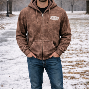 Basix of America Acid Wash Full Zipper Jacard Hoodie With Front Pocket